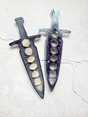 resin dice dagger, gray, purple, silver, open with dice inside, top view
