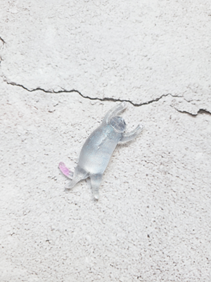 A clear gray cat figure, stretched out on its back sleeping, it has a pink tipped tail, painted paws and face.