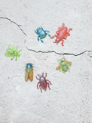 A birds eye view of a group of six various bugs. A peach beetle with pale blue painted eyes. A shimmering blue beetle. A lime green wasp. A green bee with blue eyes and yellow wings. A dark pink beetle with blue accents. A blue and gold cicada. 